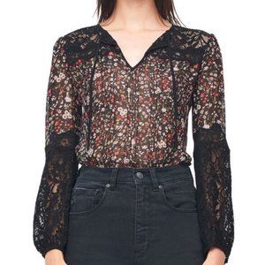 Rebecca Taylor Black Lyra Lace Floral Silk Blouse Sz 4